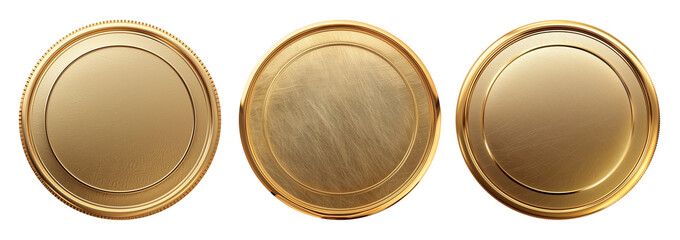 Set of realistic blank golden coins or medals isolated on white, empty metallic token template