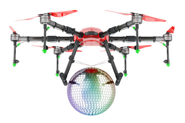 Drone with mirror disco ball, 3D rendering isolated on transparent background