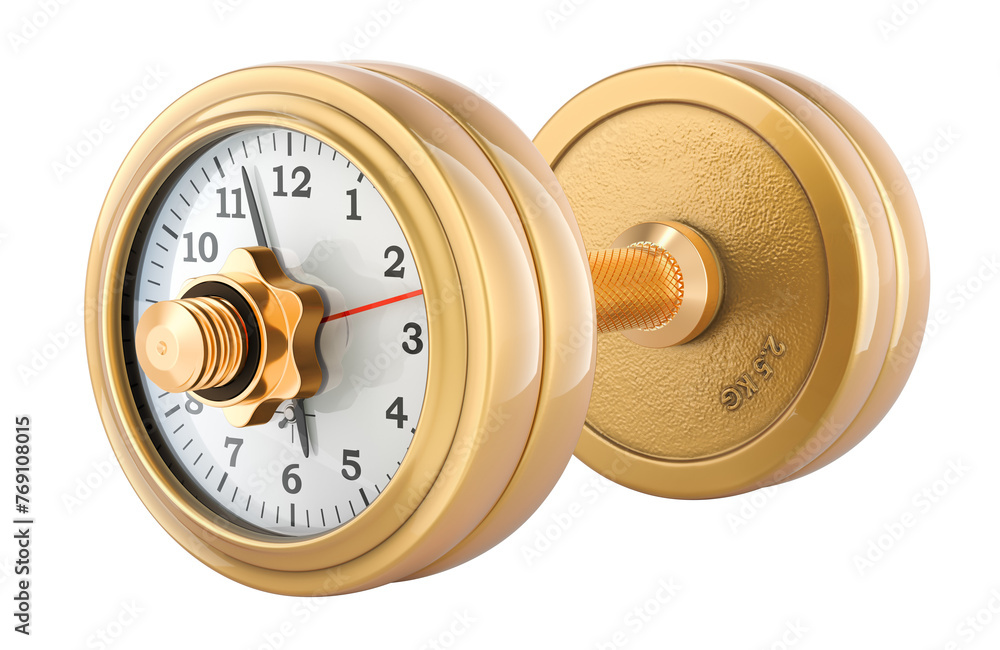 Poster sport time, concept. dumbbell with clock, 3d rendering isolated on transparent background