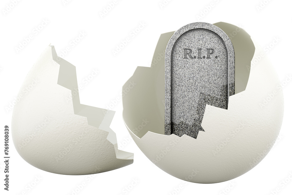 Poster tombstone inside broken chicken egg, 3d rendering isolated on transparent background