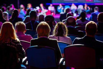 Back view of participants listening to speakers at a business event in a conference hall.