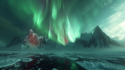 The sky is filled with green auroras, against the backdrop of rocky glaciers.