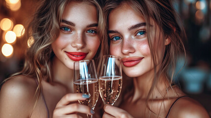 Beautiful Women Cheers. Friends in Party. Champagne Delight