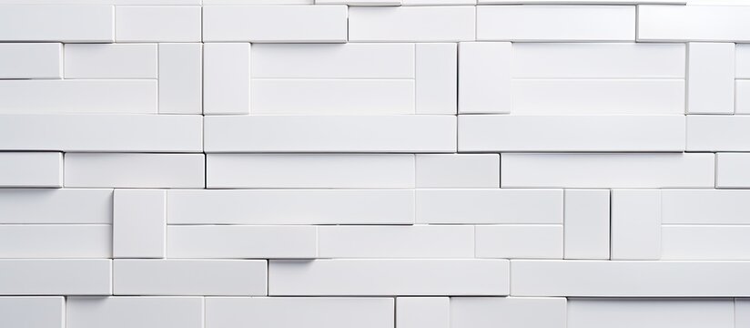 A detailed closeup of a white tile wall with a rectangular geometric pattern in monochrome colors. The tiles create a symmetrical design with parallel lines and shades