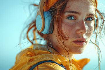 portrait of a brunette girl wearing rain jackets and headphones on a light blue background