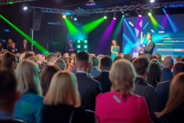 Naklejka premium Back view of a diverse audience listening to a speaker at a corporate conference event with colorful stage lighting.