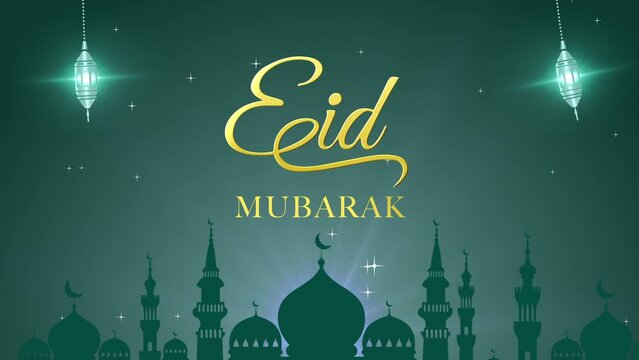 Eid Mubarak greeting video, Eid Al-Fitr animation drawing text with gold glitter. Animation drawing text Eid Mubarak with lantern ornament