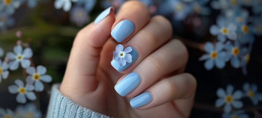 A minimalist one-tone manicure in soft baby blue, paired with the delicate petals of a dainty forget-me-not flower - obrazy, fototapety, plakaty