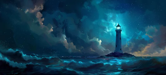 Fotobehang A lone lighthouse standing sentinel on a rugged coastline, its beacon piercing the darkness of the night with a steady guiding light © Katsiaryna
