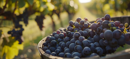 A close-up shot of grapes in an old wooden bucket with rows of grapevines behind them
