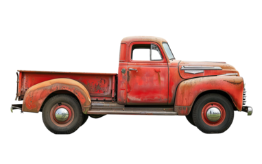 Red vintage pickup truck isolated on white or transparent background