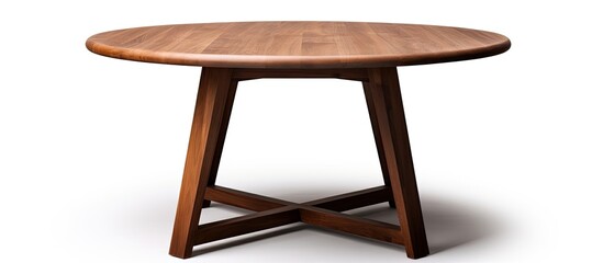 A small rectangular wooden table with a round top and wooden legs, perfect for outdoor furniture. Made of hardwood with a wood stain finish, it stands on a white background