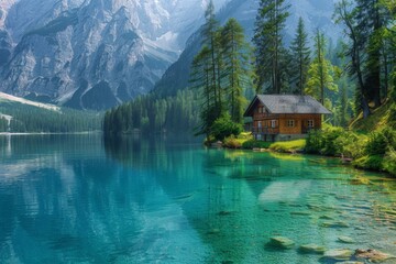 Obraz premium a cabin is sitting on a small island in the middle of a lake surrounded by mountains