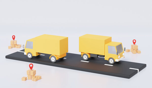 Minimal cartoon Yellow truck delivery parcels fast speed on model road home shipping. logistics transport service express trunking. 3d render. illustration