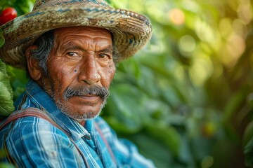 Portrait of Mexican farmer in a straw hat. Black background. Space for text