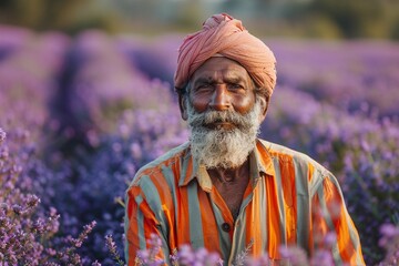 Indian man in front of lavender field. Agriculture concept. Oil production concept.