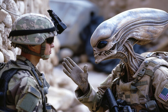 Soldiers in full gear communicate with aliens through gestures.

