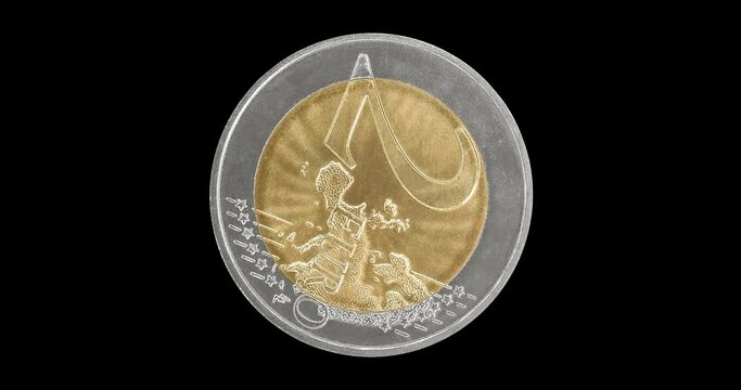 Reverse of European coin 2 euro, isolated in black background. Loopable animation in 4k resolution video.