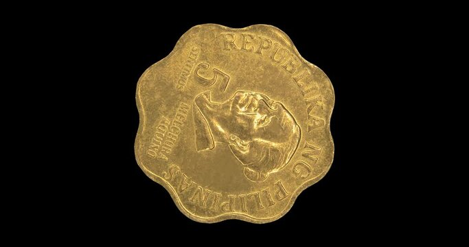 Reverse of old Philippines coin 5 sentimo with the portrait of Melchora Aquino, isolated in black background. Seamless animation in 4k resolution video.