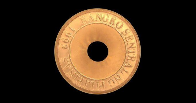 Obverse of Philippines coin 5 sentimo 2005, isolated in black background. Loopable animation in 4k resolution video.