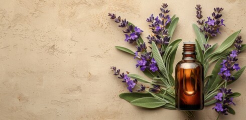 Obraz na płótnie Canvas Liquid purple fluid in bottle with lavender flowers on table