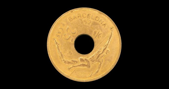 Reverse of Spain coin 25 pesetas 1991, isolated in black background. Loopable animation in 4k resolution video.
