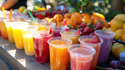 Colorful Smoothies in Plastic Cups at Outdoor Juice Bar Stand - obrazy, fototapety, plakaty