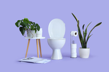 Toilet bowl with paper rolls, plants and newspapers lilac background