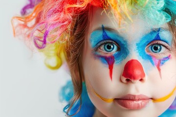 Child girl is dressed up in clown costume with colorful wig
