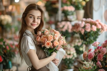 Portrait of young female florist with bouquet of fresh flowers looking at camera in flower shop
