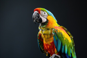 A purebred bird poses for a portrait in a studio with a solid color background during a pet photoshoot.

