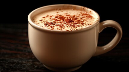 Fototapeta premium A cup of delicious cappuccino with cinnamon on black background, studio shot
