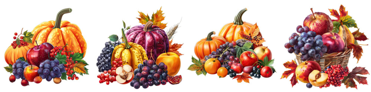 Fall harvest with ripe fruits Hyperrealistic Highly Detailed Isolated On Transparent Background Png File