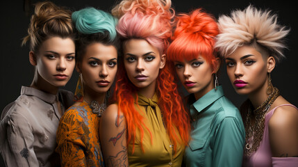 Fototapeta premium Crazy Hair Clan. Quirky Hairstyle Ensemble..