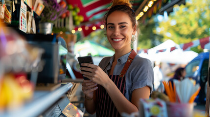 A female seller smiles and holds a mobile phone in front of the food counter. Electronic payment concept for small food trucks