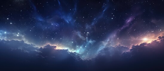 Dark night sky adorned with twinkling stars and wispy clouds creates a serene celestial view - obrazy, fototapety, plakaty