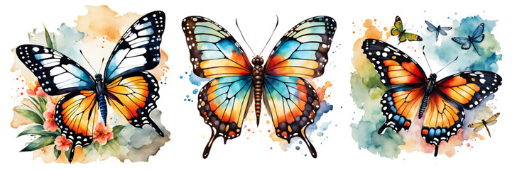 Set of butterfly collection colored. Set of beautiful butterflies watercolor isolated on white background. Orange, pink, green and blue, butterfly vector illustration