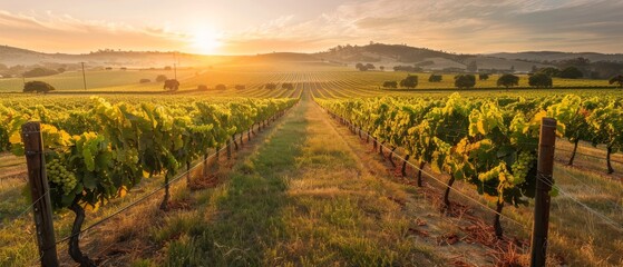 The first rays of the sunrise illuminate a lush vineyard, with rows of grapevines standing tall amidst the pastoral beauty of the countryside.. - obrazy, fototapety, plakaty