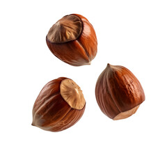 Three Hazelnuts in Mid-Air Showing on a Transparent Background. AI.