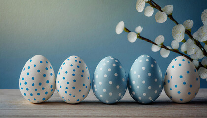 Um conjunto de ovos pintados de bolinhas, nas cores azul e branco e um galho de flores brancas decorando. Espaço para escrever. - obrazy, fototapety, plakaty