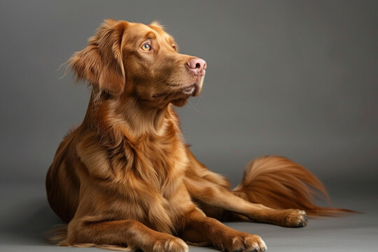 A purebred dog poses for a portrait in a studio with a solid color background during a pet photoshoot.

