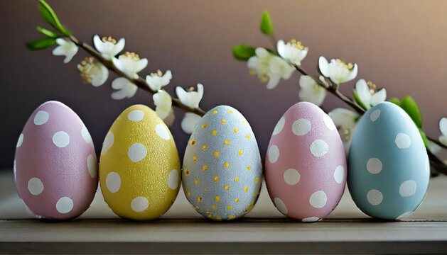 Alguns ovos de páscoa coloridos, enfileirados, com um galho de flores pra decorar.