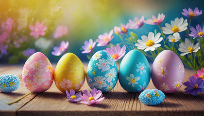 Um conjunto de ovos de Páscoa coloridos em pé, enfileirados, com flores atrás. 