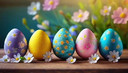 Um conjunto de ovos de Páscoa coloridos em pé, enfileirados, com flores atrás.  - obrazy, fototapety, plakaty