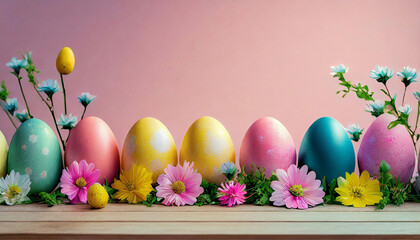 Uma fileira de ovos coloridos com fundo cor-de-rosa e algumas flores decorando. - obrazy, fototapety, plakaty