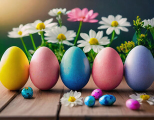 Obraz na płótnie Canvas Um conjunto de ovos de páscoa coloridos, com arranjo de flores para decorar.