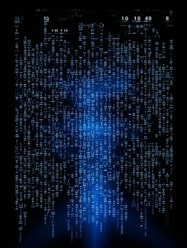 Binary code, frontal view, screen, solid black background, tech technology letters Pure black background with blank copy space for text or photo backdrop