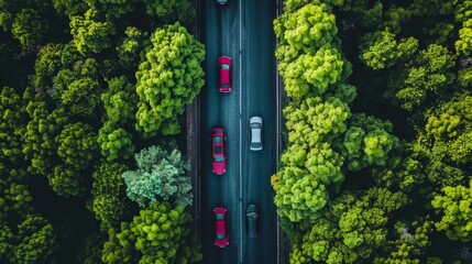 Aerial View of Cars on a Tree-Lined Road