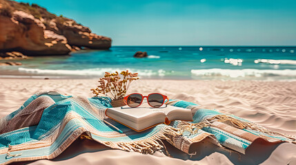Fototapeta na wymiar Sunny Beach Day Essentials, Summer Vacation Gear Spread on Sand, Tropical Getaway Mood
