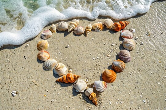 Circular heart of seashells, a natural art on beach sands